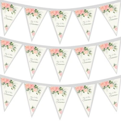 Tela personalizada de 3 m para decoración de banderines florales de recepción de boda de señora y señora Foto 1 de 4