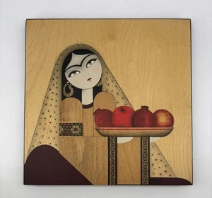 Persian Girl Painting On Layered Relief Wood Fruit Vintage Art Wall Hanging - Imagen 1 de 4