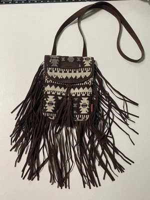 Union Bay Fringe Crossbody Bag Black & White Aztec Boho Fabric & Faux Leather - Image 1 of 4