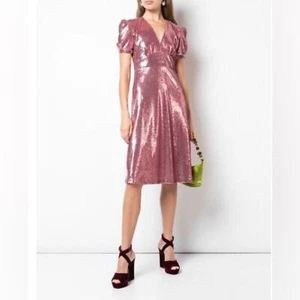 NWT HVN Paula Deep V-Neck Pink Sequin Dress Short Sleeve Babydoll 6 - Picture 1 of 6