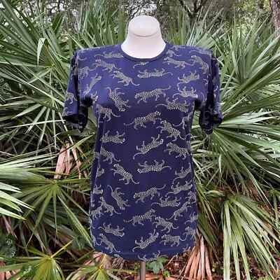 Camiseta Vintage Años 90 Azul Leopardo Guepardo Algodón Diseños Kavio Talla M L Foto 1 de 4