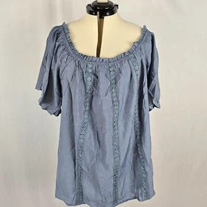 Bloomchic Blouse Women's 4X Embroidered Ruffle Round Neck Short Sleeve Blue NWT - Picture 1 of 7