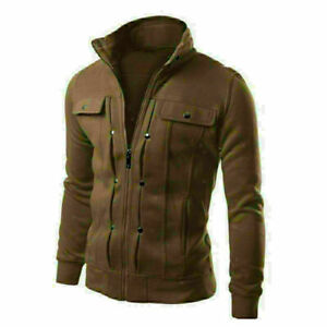 Mens Military Cargo Coat Zip Up Jacket Winter Casual Bomber Plain Outwear Tops
