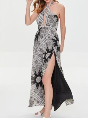 Maxi Vestido Forever 21 Chifón Negro Paisley Halter Abertura Espalda Abierta Pequeño  Foto 1 de 4