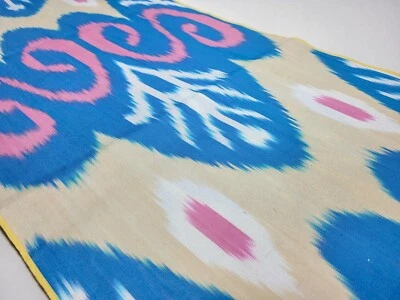 Blue beige cotton ikat fabric by the yard handmade woven for lampshade upholster - Image 1 of 4