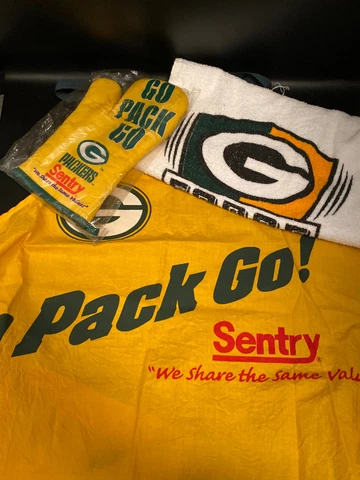 Vintage Green Bay Packers Apron Towel Oven Mitt Set NFL Kitchen BBQ Grill JS Cover