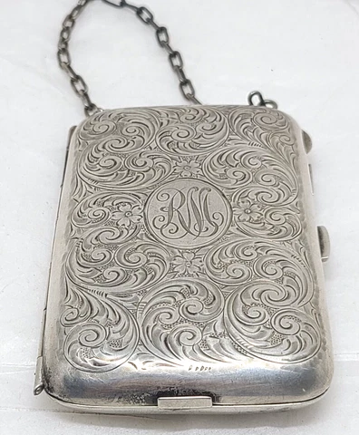 Antique Gorgeous Engraved Sterling Silver Compact Calling card Purse Evening Bag Cover