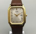 Citizen Watch Men Gold Tone Rectangle Date Brown Leather Band New Battery 