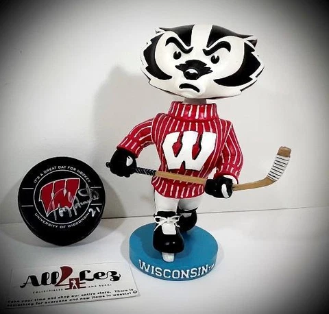 WISCONSIN BADGERS MASCOT BUCKY HOCKEY BOBBLEHEAD BLUE BASE w/ TONY GRANTO PUCK Cover