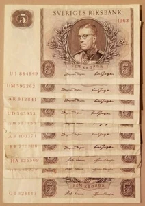 SWEDEN LOT OF 5 BANKNOTES 5 KRONOR FROM 1960 - 1983 VF - XF NO RESERVE - Picture 1 of 2