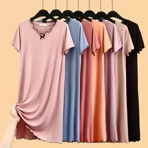 Plus Size Women's Modal Cotton Nightdress Loose Fit Knee-Length Sleepwear Summer - Picture 1 of 17