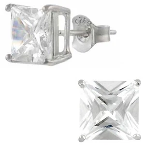 Sterling Silver Princess Cut Square CZ Studs Earrings Basket Set White 10mm - Picture 1 of 12
