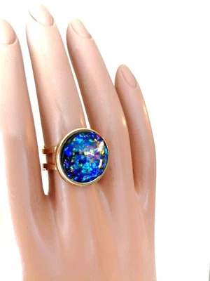 Opal Ring Faceted Jewel Fire Resin Opal: Stainless-Steel 18-Karat GP 16mm - Image 1 of 4