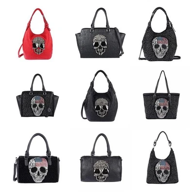 ITALYSHOP24.COM TOTENKOPF DAMEN TASCHE SKULL SHOPPER Leder Optik Schultertasche RUCKSACK GLITZER