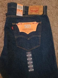 Levis 501 Mens Origimal Fit Straight Leg Button Fly Blue Denim Jeans 44x30  - Picture 1 of 9