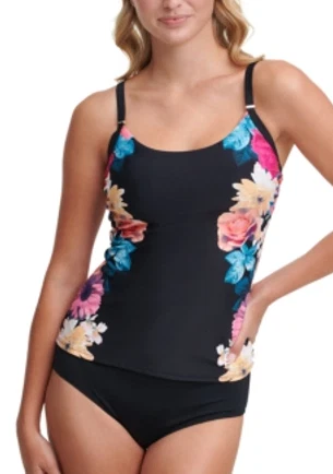Calvin Klein BLACK MULTI ISLAND FLORAL SHIMMER Tankini Swim Top, US Large - Image 1 of 2