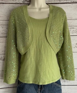 Requirements Sweater sz Large Green Faux Twinset Layer Look Sequins - Picture 1 of 7
