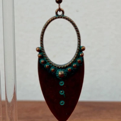 Boho Tribal Copper Teal Oval Drop Dangle Earrings Women - Image 1 of 4