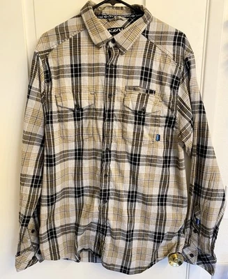 KAVU 黑色灰色棕色格子长袖纽扣户外 XL 恤 — 第 1/4 张图片