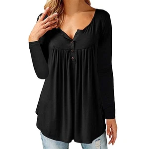 Frauen Solid Langae Rmelig O-Ausschnitt T-Shirt Damen Ssige Tasten Und 9609 - Bild 1 von 2