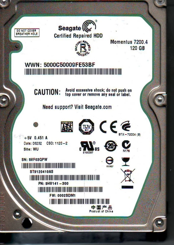 ST9120410AS pn: 9HV141-300 fw: 0002SDM1 sn: 5VF WU 120GB SATA A18-01 - Image 1 of 1