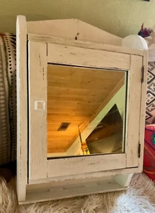 Vtg antique Wood Wooden Medicine Cabinet chest White Mirror Shelf  Rustic Wall - Picture 1 of 8