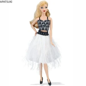 Black White Fringed Dress for 11.5" Doll Outfit Clothes Gown Top Skirts Handmade - Picture 1 of 2