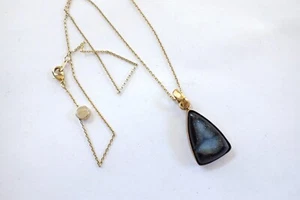 Vintage Pendant On Chain Necklace Black Natural Onyx Druzy Quartz Crystal Stone - Picture 1 of 8