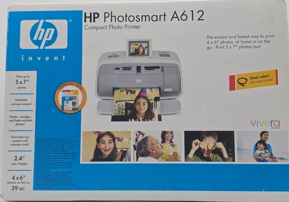 HP Photosmart A612 Portable Inkjet Photo Printer 2.4" LCD BRAND NEW - Image 1 of 4