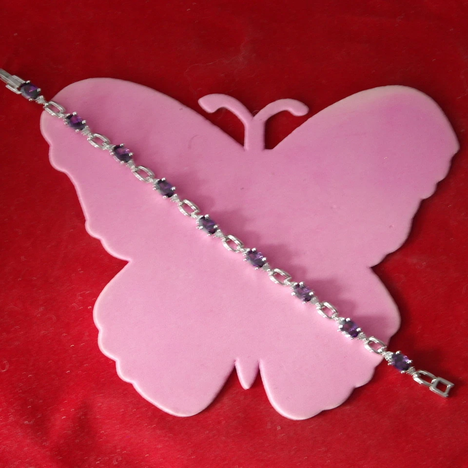 Hermosa pulsera Gp de oro blanco de 18 quilates con amatista y circonita 10,8 gr. 7" Inc. En caja Foto 1 de 4