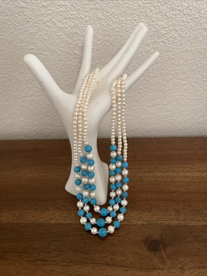 Triple Strand Pearl & Turquoise Cascade Necklace Sterling EUC - Image 1 of 4