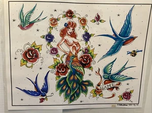 Vintage Tattoo Shop Tattoo Johnny Pg 44 2001 Tattoo Flash Wall Art Pinup Nude - Picture 1 of 1