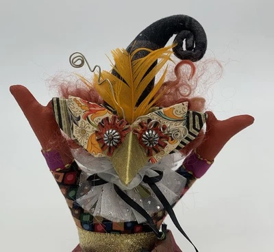 Artist Made Cloth Doll Jester Clown 6.5” Seated Bird Mask Handmade OOAK Mixed Me - Image 1 of 4