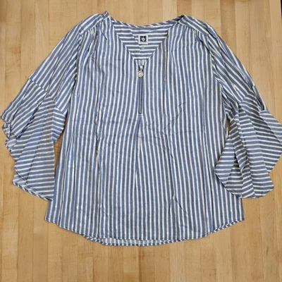 ANNE KLEIN 女式尺寸 1X 1/4 拉链前衬衫金属金色灰色条纹 — 第 1/4 张图片