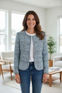 Chaqueta Blazer Hecha a Mano Azul Tweed Bouclé Estilo Clásico Botón Frontal Talla L - Imagen 1 de 9