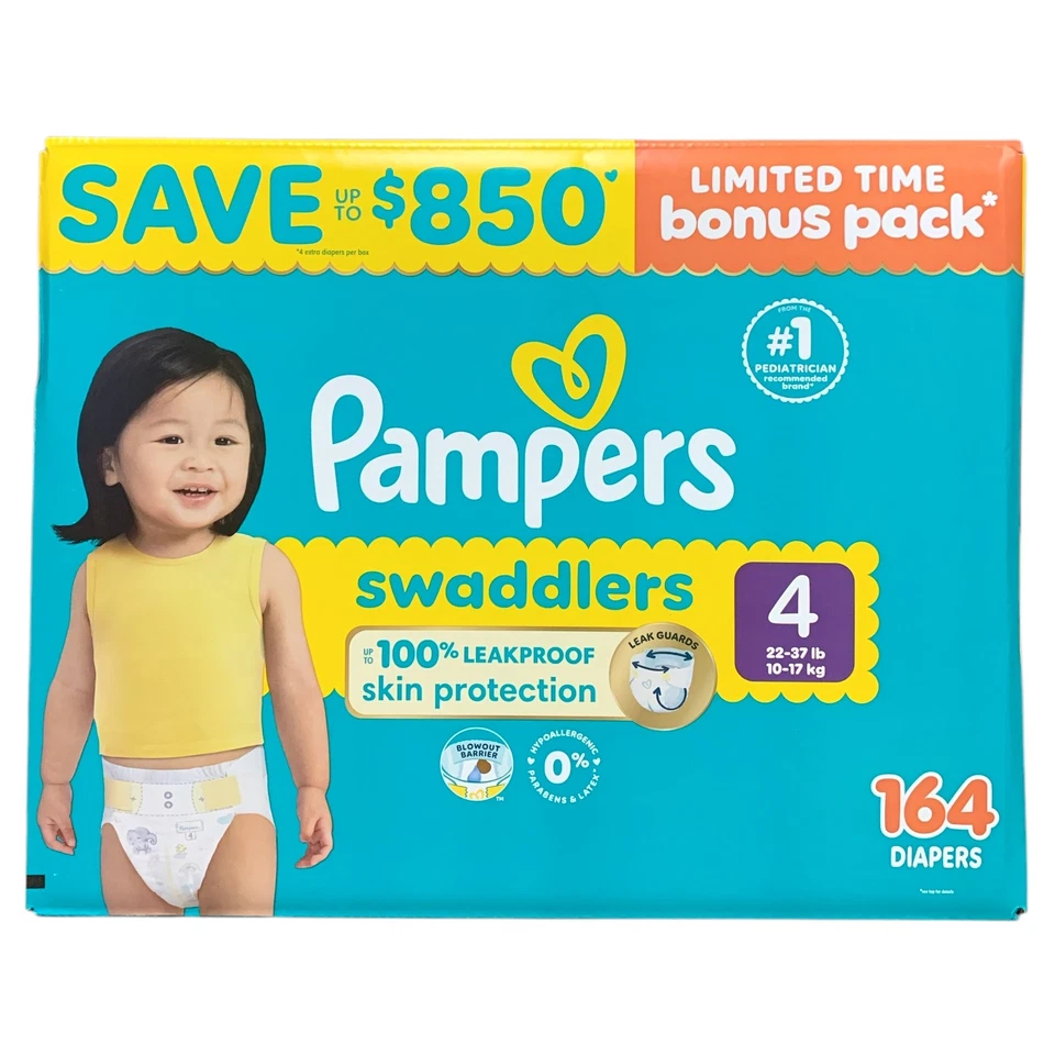 Pañales desechables hipoalergénicos Pampers Swaddlers tamaño 4 (22-37 lb), 164 unidades Foto 1 de 1