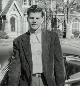 Vintage Photo Young Man In Suit  Tudor Style House Neighborhood 1950’s - Picture 1 of 3