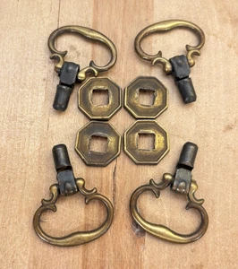 Set of 4 Vintage Brass Pull Ring/Drawer Pulls w Back Plates, Numbered - Picture 1 of 8