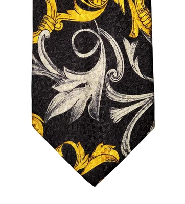 Винтажный галстук Brioni черное золото серебро цветочный абстрактный шелк Италия золотая цепочка - Изображение 1 из 4