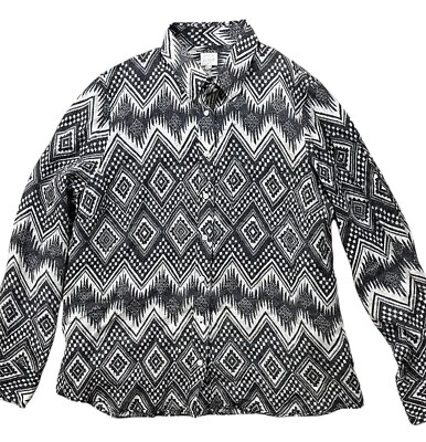 Camisa feminina J.Crew com botões grande preta branca linho manga longa asteca - Imagem 1 de 4