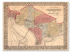 Washington DC & Georgetown Map c 1867 | Historical Art Print Vintage Wall Decor - Picture 1 of 12