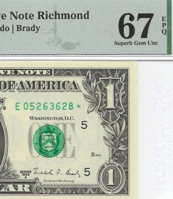 1988A $1 RICHMOND * STAR * ⭐️ FRN. PMG SUPERB GEM Uncirculated 67 EPQ Banknote. - Image 1 of 3