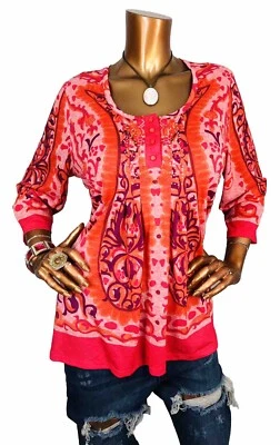 Blusa Henley Suave Túnica Paisley Floral Avenue 14/16 o XL NUEVA CON ETIQUETAS $44 3/4 Slv Foto 1 de 4