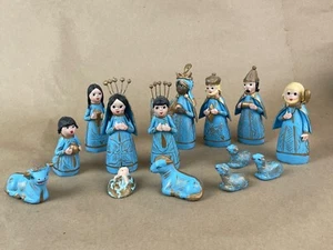 Vintage Mexican Folk Art Clay Nativity Set Handpainted 14 Pieces - Picture 1 of 13