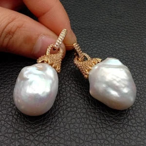 Freshwater White Keshi Pearl Gold Plated Cz Pave Stud Earrings - Picture 1 of 7