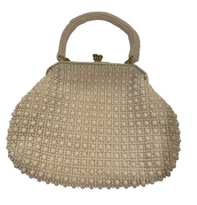 VTG CORDE BEAD Ivory Beaded Clutch Purse Bag Kiss Lock Hong Kong 1950s - Image 1 of 4