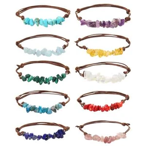 Raw Gemstone Bracelet Adjustable Women Men Leather Rope Woven Friendship Bangle - Picture 1 of 30