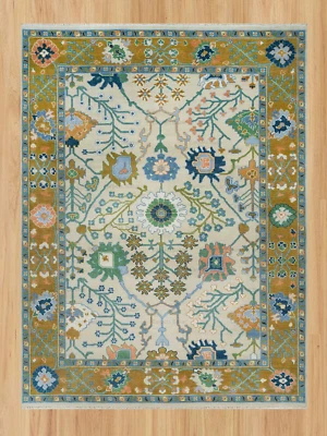 New Oushak Hand Knotted Wool Rug Transitional Rug Living Area Rug Cream, Gold - Image 1 of 4