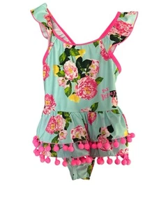 Betsey Johnson Girls 2T Swimsuit Blue Floral Pink Pom Pom Layered Ruffle 1 Piece - Picture 1 of 12
