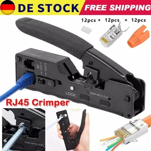 RJ45 Crimpzange + 12 Cat7 Stecker Set Netzwerk Werkzeug Lan Kabel Zange Cat 7 6 - Bild 1 von 9